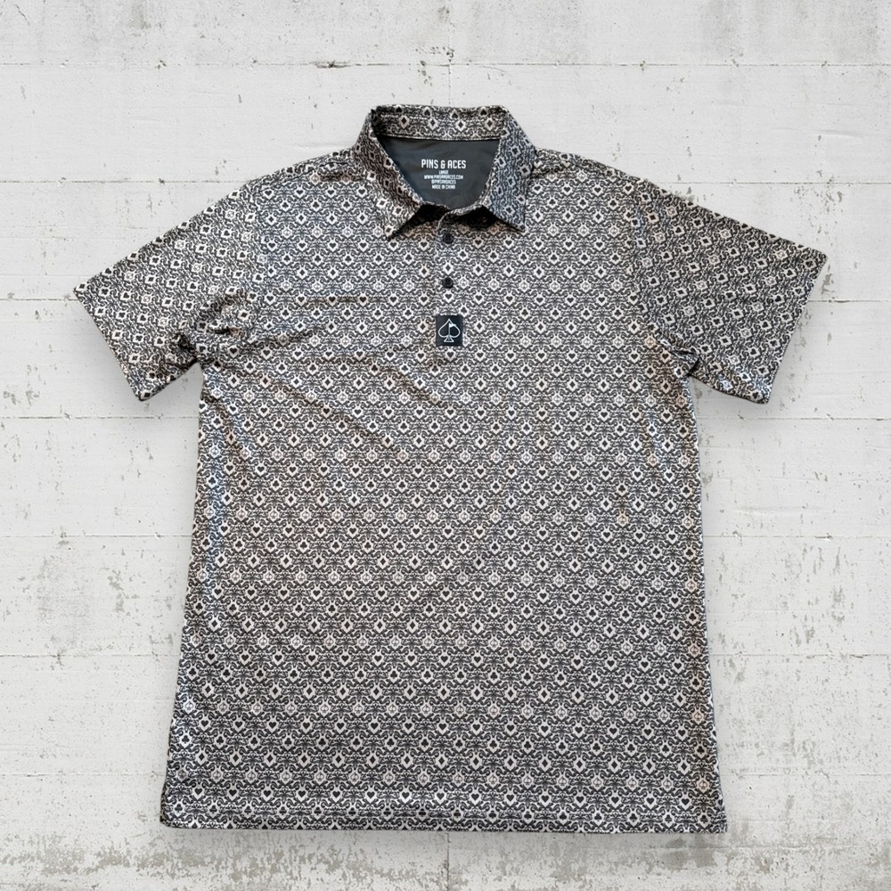 Pins & Aces Polo Shirt L Men's Performance Golf Stretch Brown Poker Cards AOP